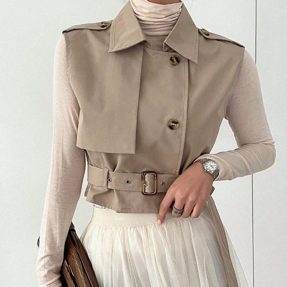 Khaki Casual Womens Lapel Neck Belted Vest Jacket - Picture 4 of 6